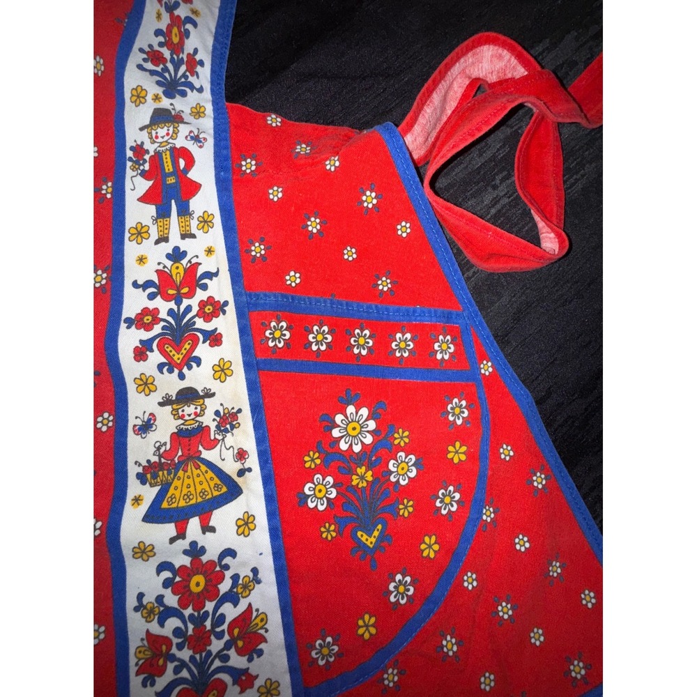 Vintage Kolf Austrian German Folk Art Child Apron Red Blue 2 Pockets - Picture 6 of 8